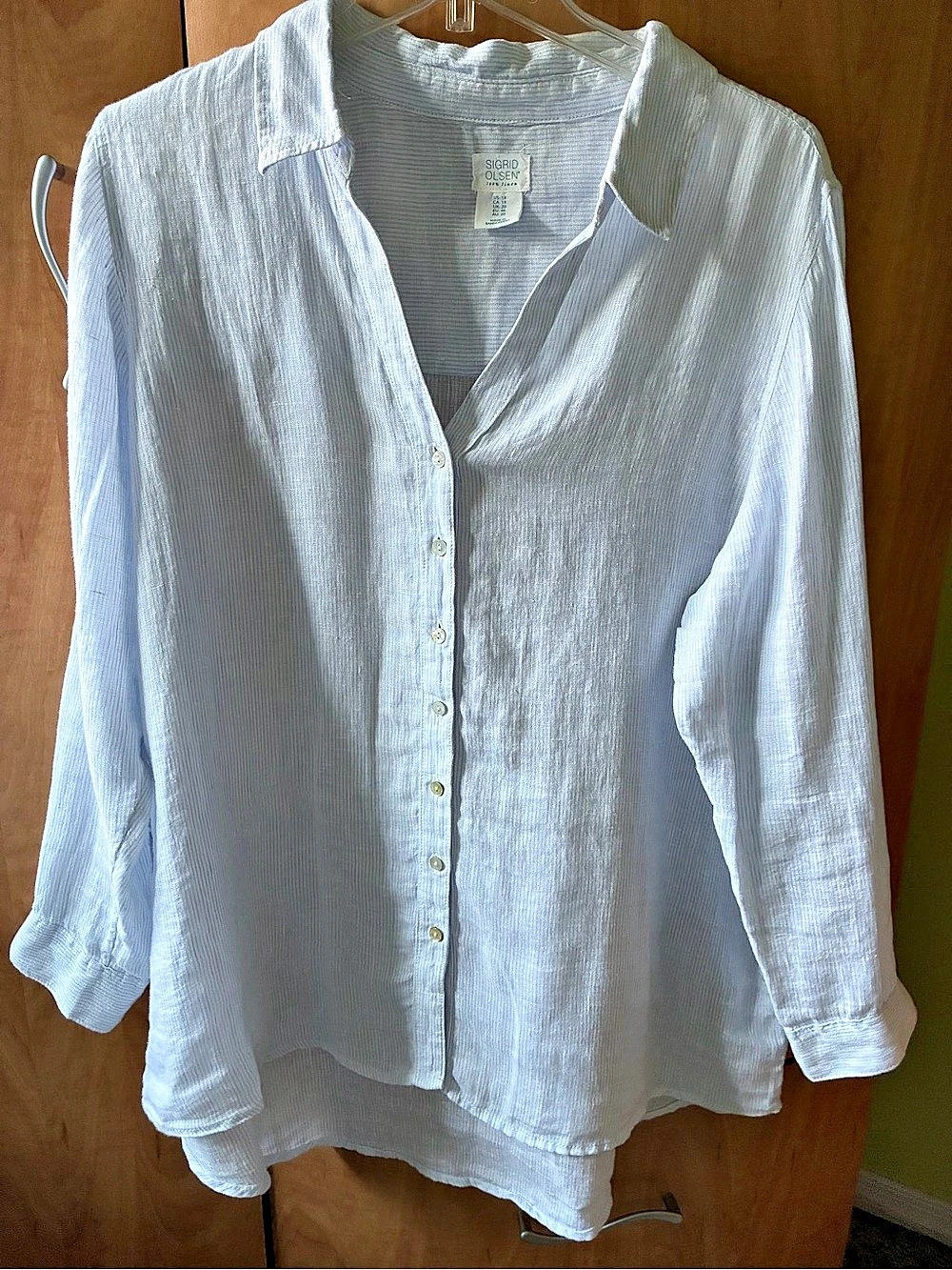 Sigrid Olsen Blue and White Striped Linen Shirt XL